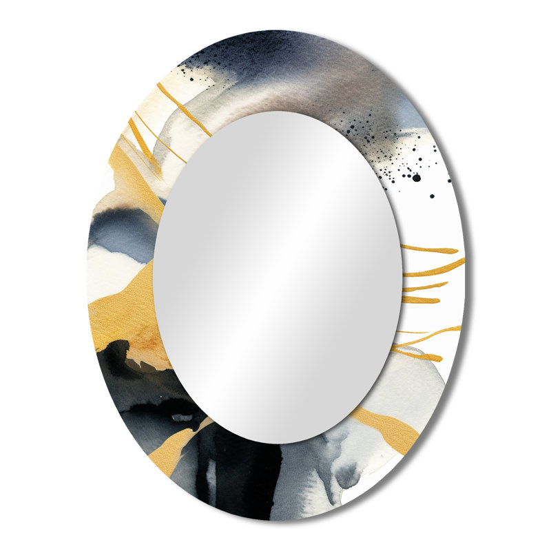 Pastel Abstract With Blue Black & Gold Spots VI - Large Oval Wall Mirror On Metal, 40" x 30"