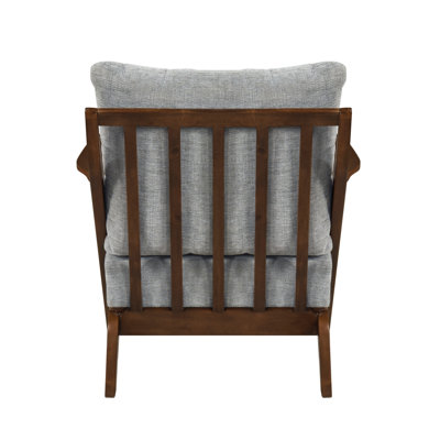 Fauteuil d'appoint moderne du milieu du siècle avec structure en bois d'hévéa massif, revêtement en chenille grise et finition marron