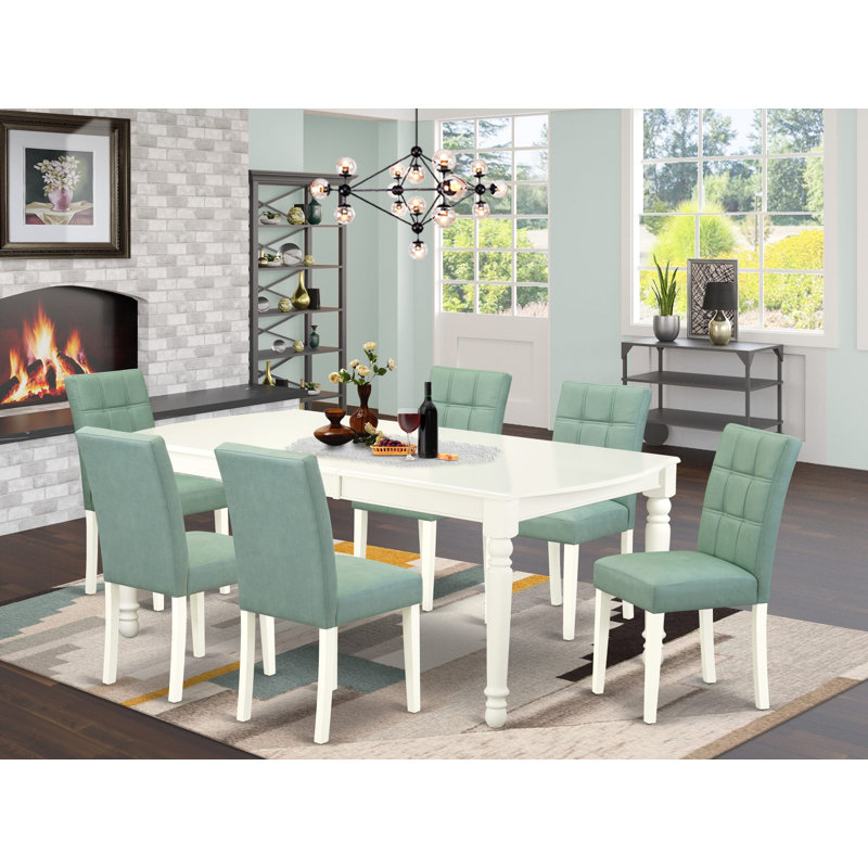 L'ensemble de table de salle à manger 7 pièces contient une table de salle à manger de style Mid-Century et 6 chaises de salle à manger en tissu de polyester vert saule, blanc lin
