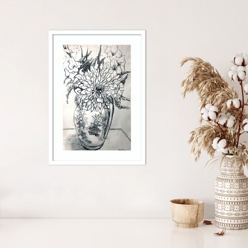Fleurs dans un pot à motifs encadré sur papier par Thewsey Joan, reproduction, H 25 po x l 18 po, Cadre blanc