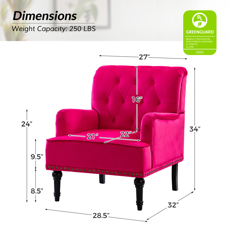 Jakub 28.5" W Velvet Tufted Polyester Armchair with Nailhead Trim, Fuchsia Polyester