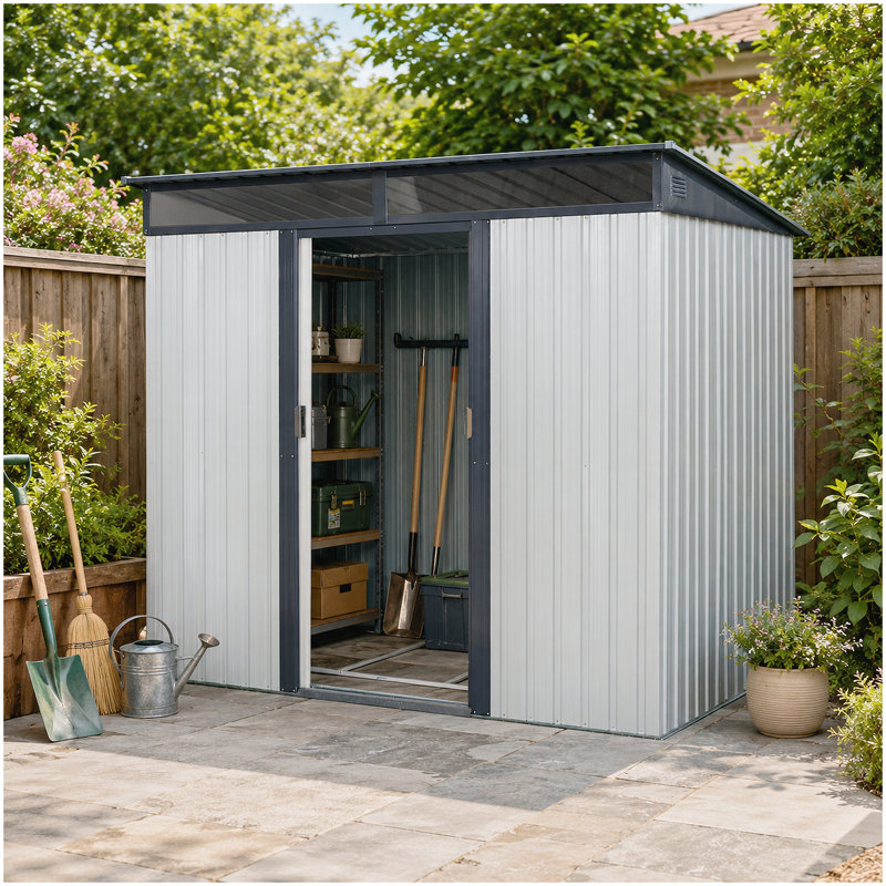 Rangement extérieur en métal 8 pi x 6 pi avec portes coulissantes verrouillables et plaque transparente pour le jardin, la pelouse (blanc et noir)