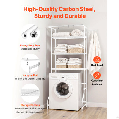 Over The Washer And Dryer Storage Shelf, 3 Tier Laundry Room Drying Rack With Hanger Rod And Hooks, Adjustable Over Washer And Dryer Shelves, Laundry Room Shelf Storage Space Saver, White