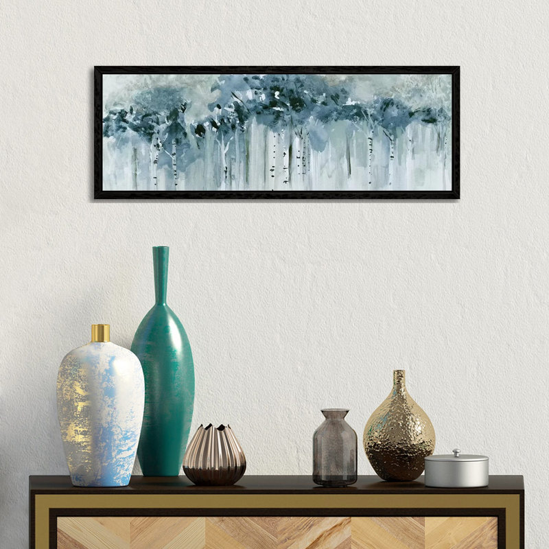 Blue Birch Morning by Susan Jill - Panoramic Painting on Canvas, Black Framed, 30.48 cm H x 91.44 cm W