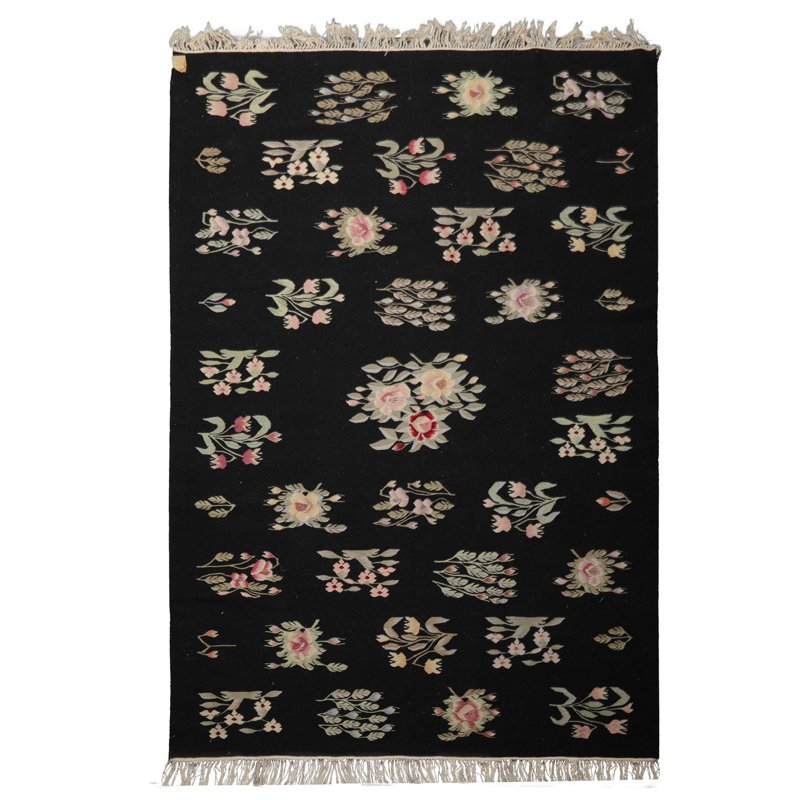 Tapis traditionnel kilim sauge noir en laine tissé à la main 6 x 9