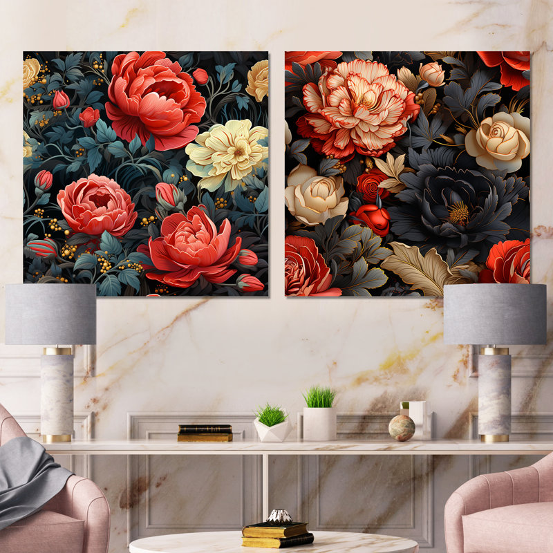 Opulence rouge victorienne rouge, motif floral - ensemble de 2 reproductions d'art en métal, H 16 po x l 32 po
