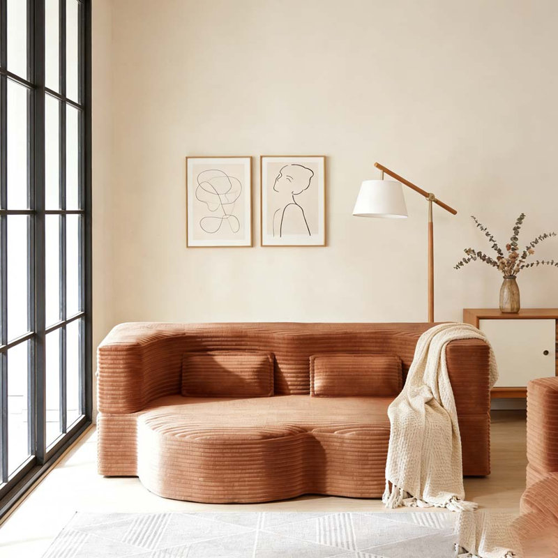 Canapé moderne avec 2 coussins, Orange, Velours côtelé
