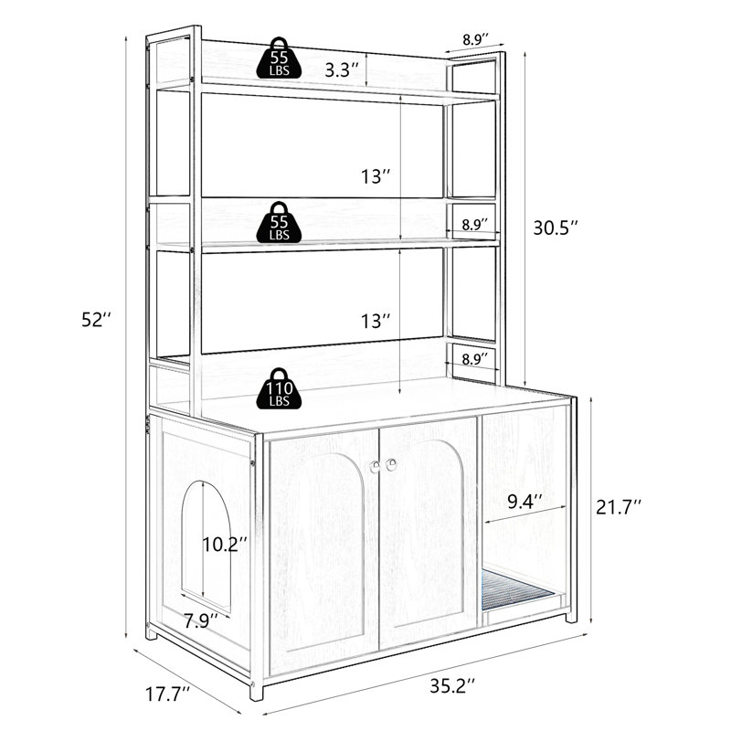 Large Cat Litter Box Enclosure With Storage Shelf, Scratch Pad, Indoor Sanctuary, Hidden Washroom, 2 Door, Brown Shelf And Strong Booth,