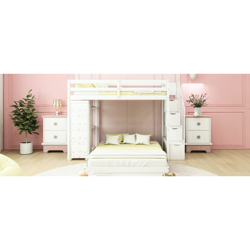 Lit superposé simple au-dessus d'un lit double en blanc - Optimisez l'espace de la chambre à coucher avec des tablettes de rangement pratiques à 3 couches, des tiroirs et des tablettes de tiroir