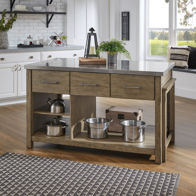 Îlot de cuisine rectangulaire en pin 3 tiroirs Tinka, Acier Inoxydable, Gris