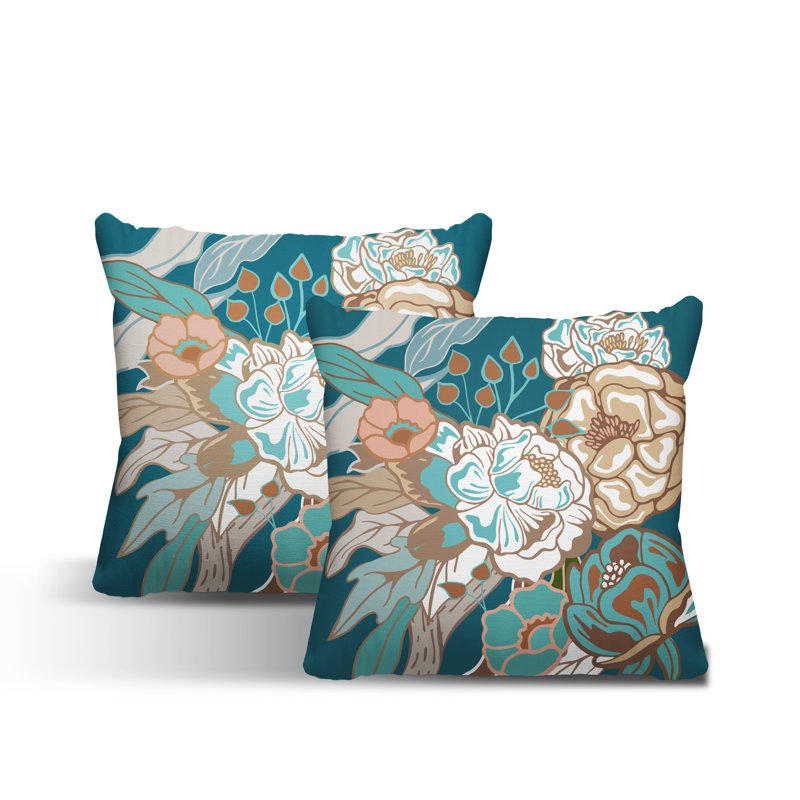 Nouvel Floral Indoor/Outdoor Square Pillow, 17W" x 17H", Turquoise/Brown