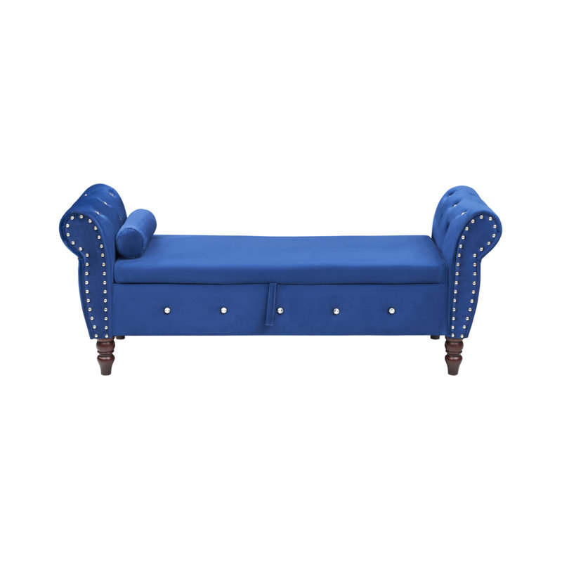 Banc polyvalent rembourré en velours avec boucle en cristal et pieds en bois massif, un ajout élégant et fonctionnel à n'importe quelle pièce.