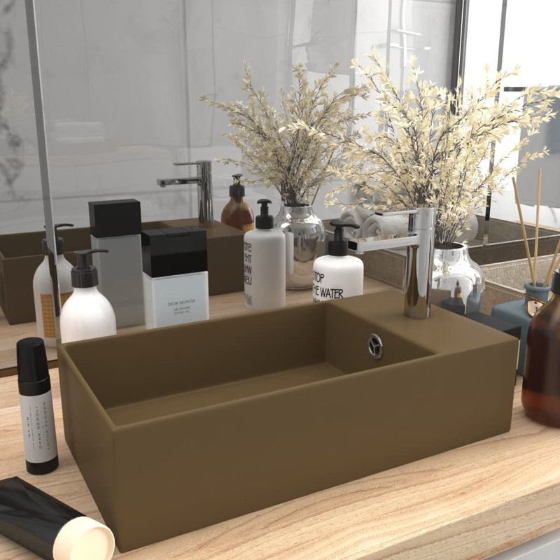 Belfry Bathroom Kettering 480mm L x 250mm W Ceramic Rectangular Sink with Overflow, Cream