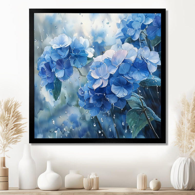 Hortensias dans la pluie printanière II - hydrangées, art mural, H 16 po x l 16 po, Reproduction encadrée d'une seule photo
