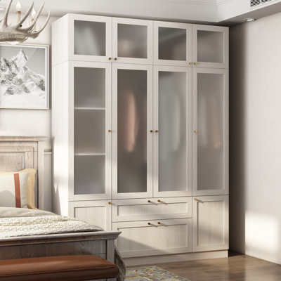 Elegant 4-Door Wardrobe With Frosted Glass Panels, Brass Handles, And Ample Storage Space – Adjustable Shelves And Large Drawers For Modern Organization