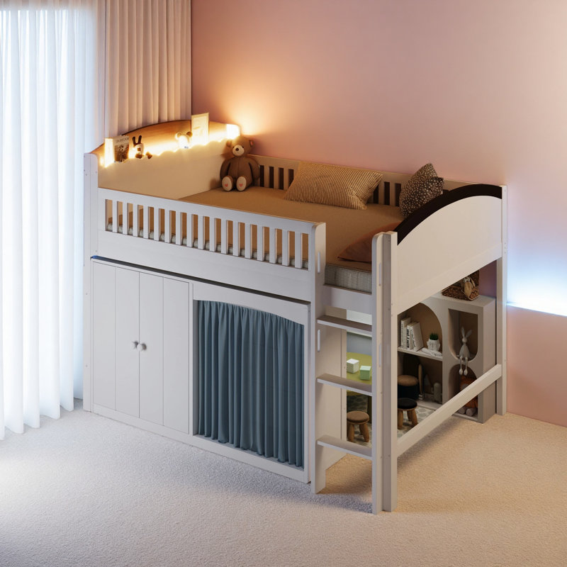 Lit mezzanine simple avec armoire de rangement, garde-robe et DEL, Blanc
