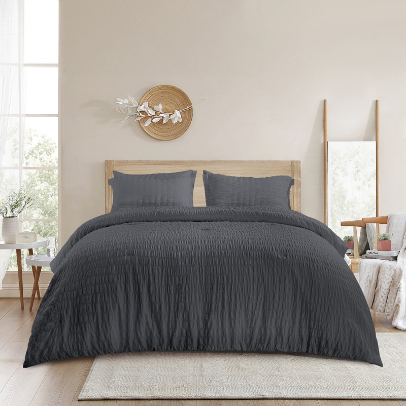 Ensemble de courtepointe sept pièces Seersucker, Édredon double / grand + 6 pièces supplémentair, Gris
