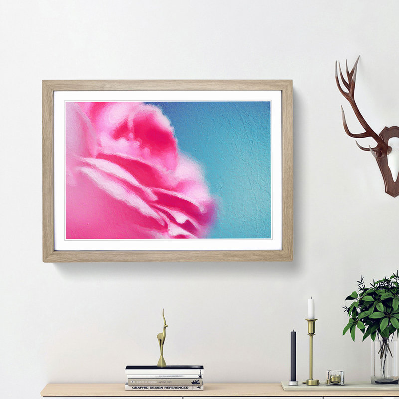 Pink Carnation on Blue - Picture Frame Painting Print, 48cm H x 65cm W x 2cm D, Oak Framed