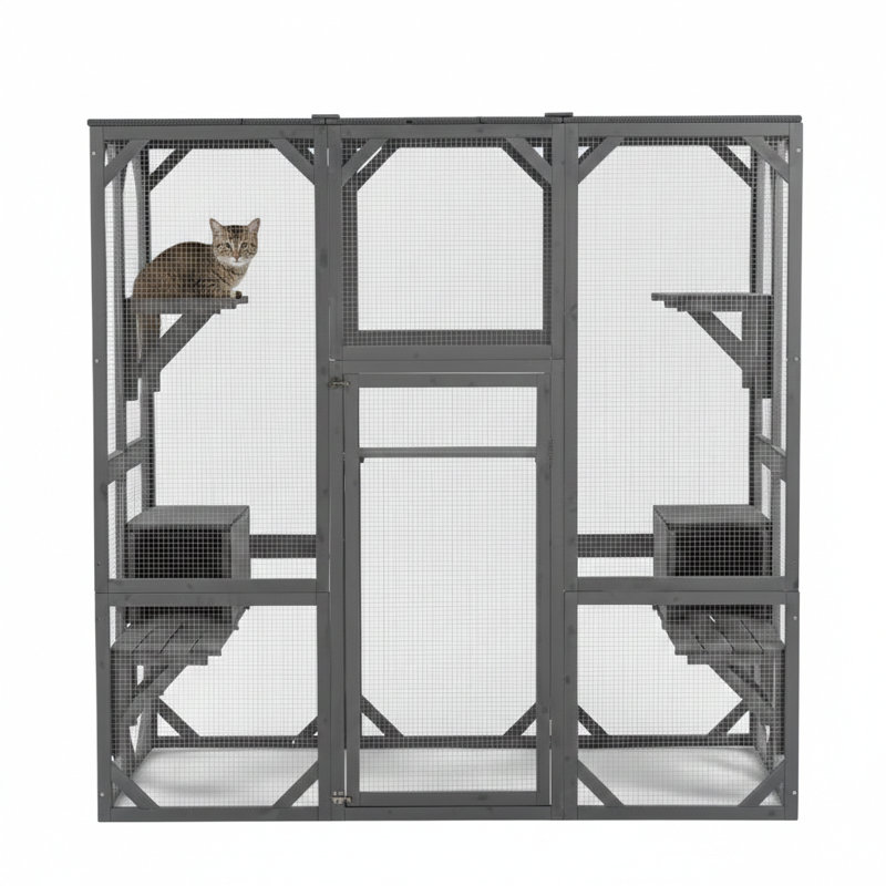 Enclos d'extérieur en bois pour chat avec couvercle, fini en gris et mesurant 71 pouces de long, 37 pouces de large et 71 pouces de haut. Cette grande cage à chat comprend des plateformes de saut et des condos, offrant une protection contre les intempéries.