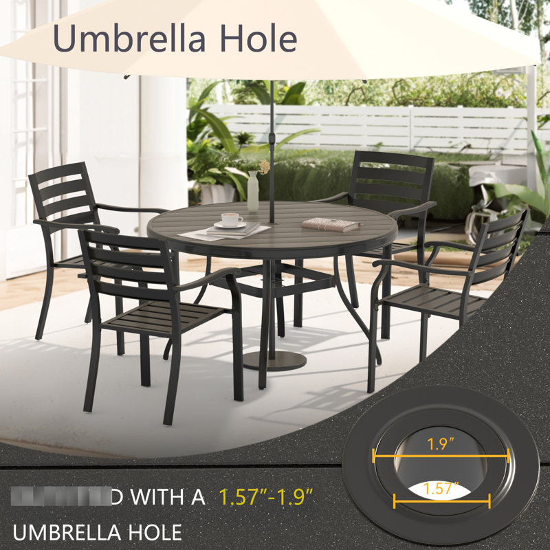 7 pièces pour l'extérieur avec 6 chaises empilables en métal et une table ronde de 54,14 po, convient pour la pelouse de la cour arrière, un trou de parasol réglable pour la protection contre la pluie et la pluie