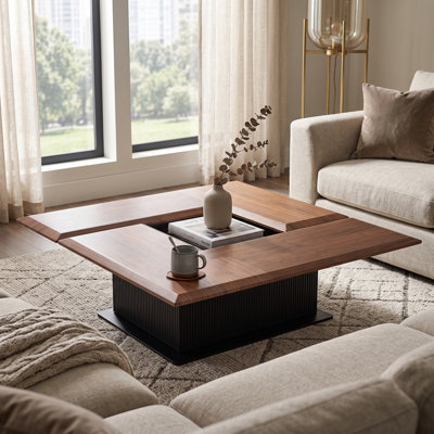 58" Wide Solid Wood Expandable Coffee Table, Square to Rectangle, Ribbed Base, Mid-Century Modern, Walnut Finish