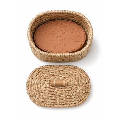 Panier à pain Eangee tissé à la main avec pierre chauffante terre cuite, paysage Mid-Century, ovale, naturel