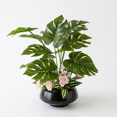 Artificial Monstera and Rose Arrangement in Black Pot