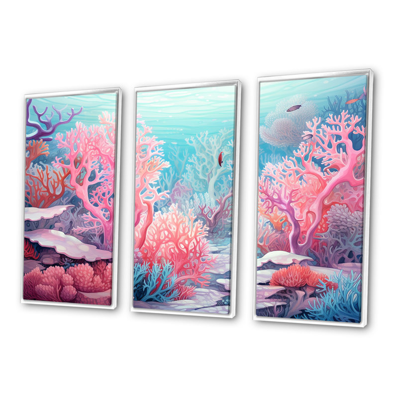 Corail, gorgonacées, monde marin, ensemble de toiles de corail sous l'eau, Cadre flottant blanc, H 28 po x l 36 po x P 1 po