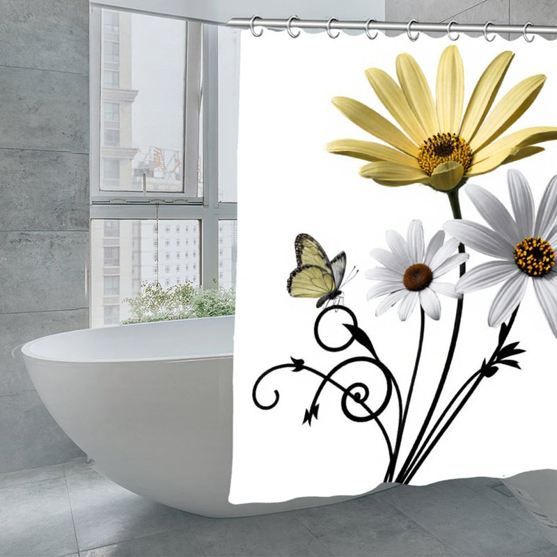 Rideau de bain jaune et blanc marguerite et papillon