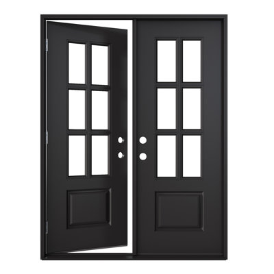 Porte d'entrée extérieure en fibre de verre 64 po x 80 po (2 x 32 po x 80 po), peinte en noir, porte française à 6 carreaux en verre clair avec chambranle, design classique et style moderne, grande durabilité, ouverture vers l'intérieur à gauche (quincaillerie non incluse)