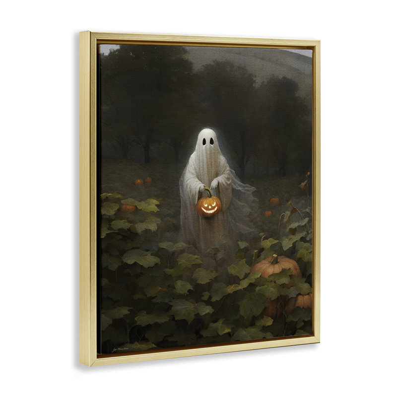 «Ghost in Pumpkin Patch», art mural encadré flottant par Jo Moulton, H 31 po x l 25 po, Cadre flottant métallique doré