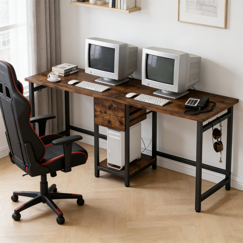 Bureau double avec fonction de table de jeu - 2 espaces de travail pour ordinateur, rangement industriel et éclairage à DEL