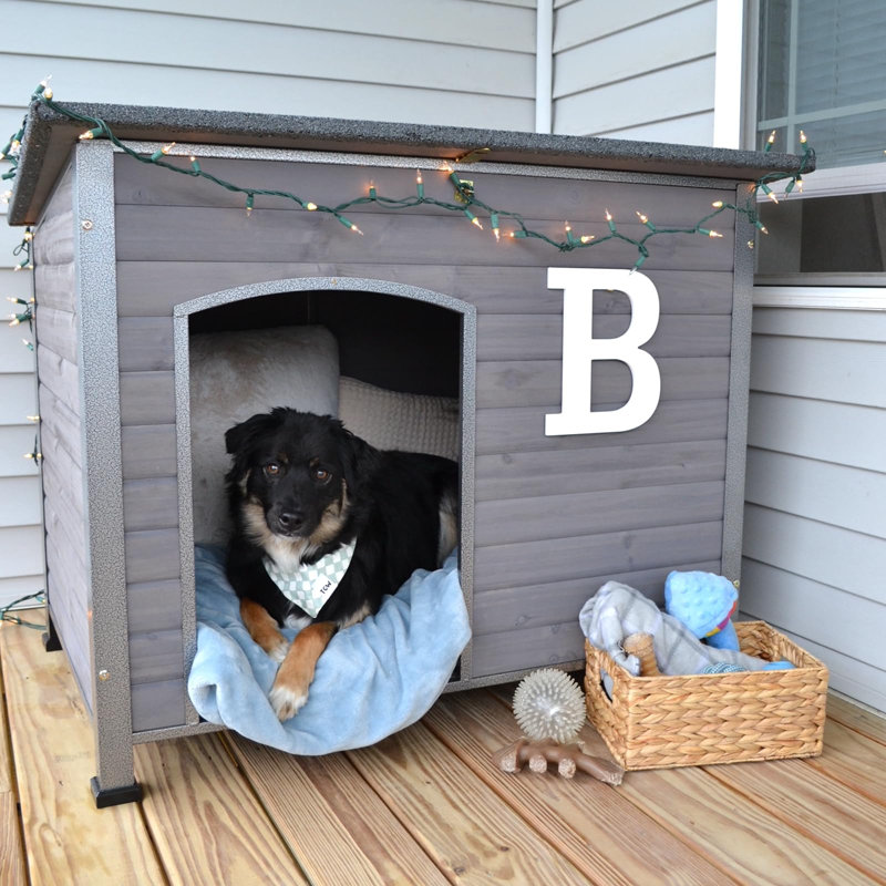 Deema Grey Wood Insulated Dog House, 64cm H x 85.1cm W x 55.9cm D