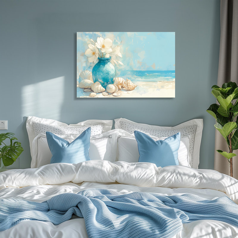 Douce scène côtière aquarelle avec vase turquoise et coquillages - décoration murale sur toile tendue, 24" H x 36" W