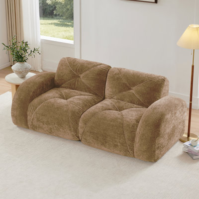 Canapés capitonnés à 2 places avec canapé sans os, tissu de velours doux, conception antidérapante inférieure, éponge haute densité 32D, conception ergonomique inférieure, aucun assemblage requis, convient aux salons, chameau