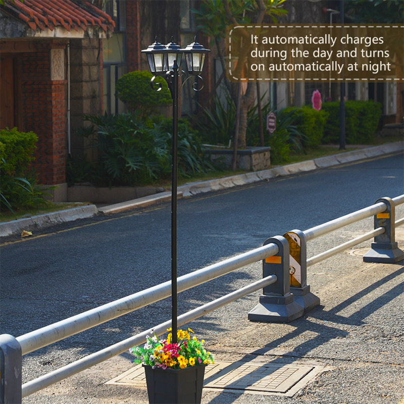 Solar Lamp Post Light with Planter, 68 Inch, 3-Head Pole Light, Outdoor Waterproof, Black