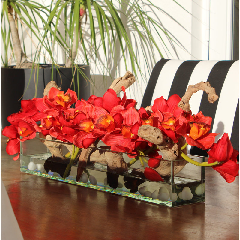 Driftwood Cymbidium Orchids Centerpiece in Glass Planter, 16" H x 24" W x 4" D, Red