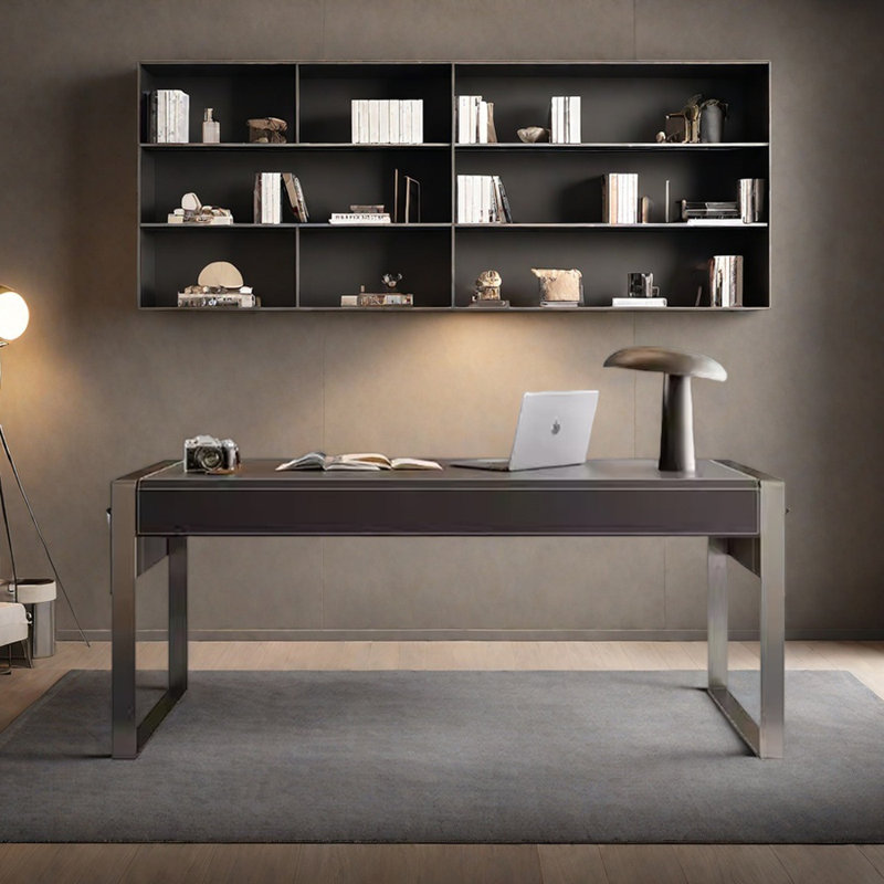 Modern High-end Saddle Leather Writing Desk, 29.52" H x 78.74" W x 27.55" D