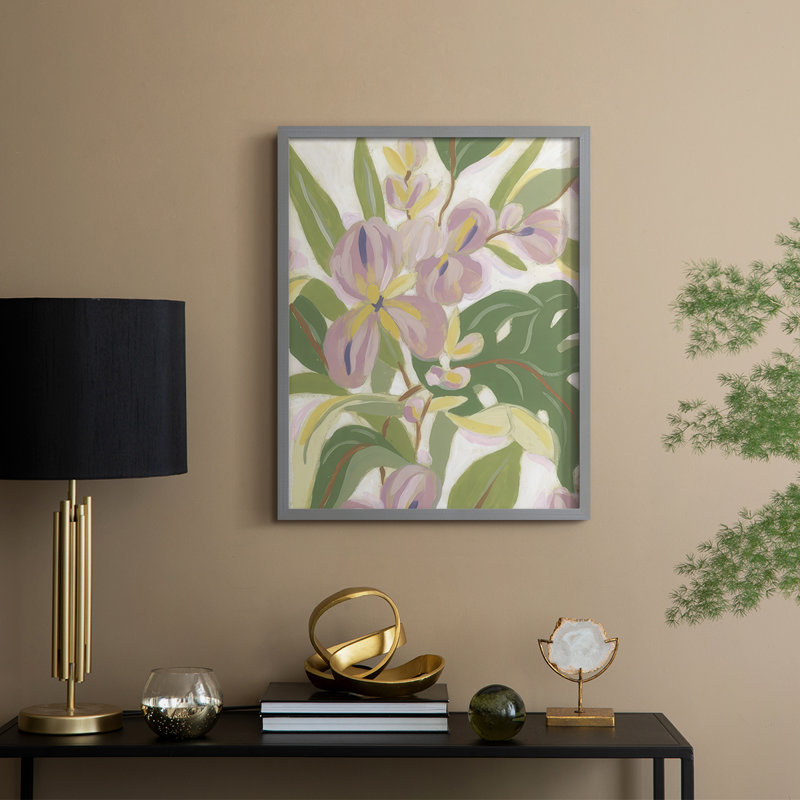Orchidée tropicale brossée II, reproduction encadrée - bois massif, H 11 po x l 9 po, Gris