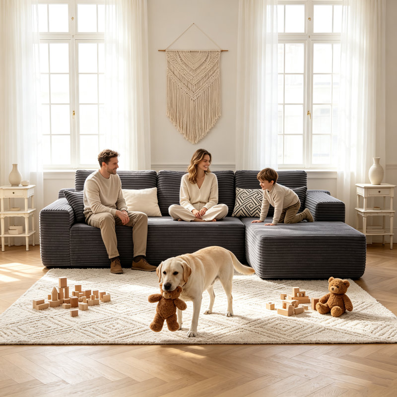 Boneless Corduroy L-Shape Modular Sectional Couch with Chaise - Soft Upholstered, Roomy Deep Seat, No Assembly Required, Timeless Stylish Furniture for Living Room Bedroom Apartment Home Office