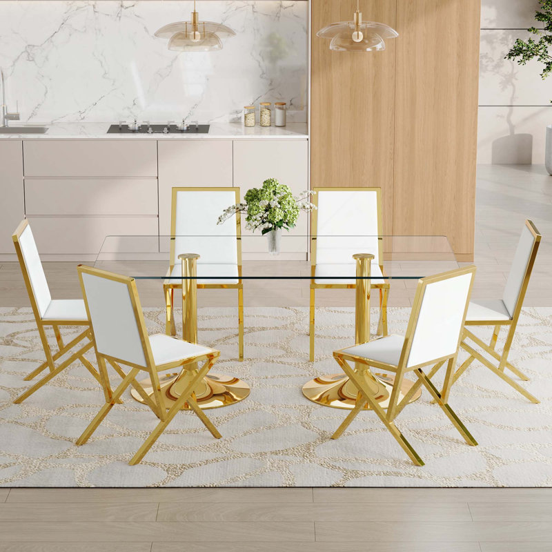 Table de salle à manger moderne en verre trempé 7 pièces avec 6 chaises en polyuréthane, 7 Pieces: Table, 6 Chairs, Gold