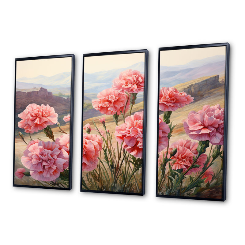 «Carnations Charm In Mountain Scenery», ensemble d'art sur toile, Cadre flottant noir, H 32 po x l 48 po x P 1 po