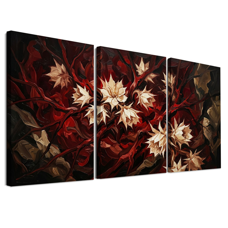 Ensemble de 3 toiles murales « Fleurs crème à pointes sur fond rouge foncé », 24"H x 16"W x 3pcs