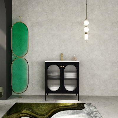Armoire de salle de bain autoportante de 30 pouces, lavabo en céramique, structure en acier laminé à froid et style moderne avec deux portes, tablettes réglables, poignées en métal, meuble-lavabo noir, lavabo inclus, corps