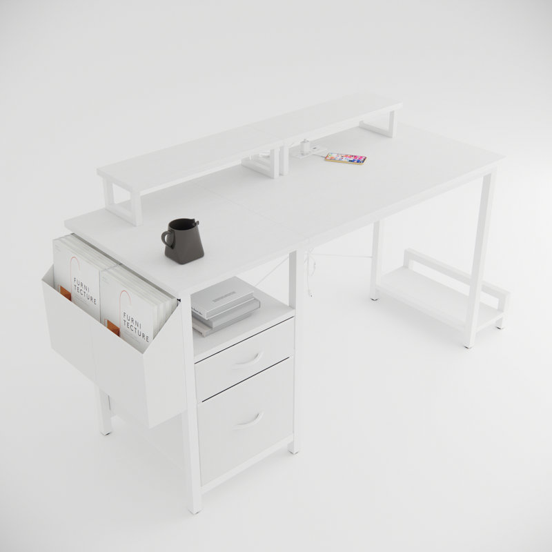 47" Computer Desk With Power Outlet,Monitor Stands,Shelves, Office Desk/Writing Table/Gaming Desk With Drawers,Large Side Pocket And Hooks,Easy To Assemble,Frame Stability Reversible