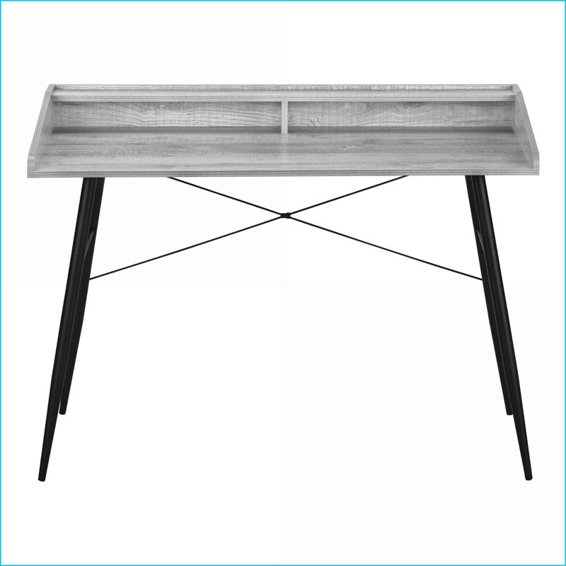 Bureaux pour bureau personnel, moderne contemporain, L 47,25 po, comptoir en stratifié gris avec tablettes de rangement et casiers, base en métal noir | Gris | Panneau de particules