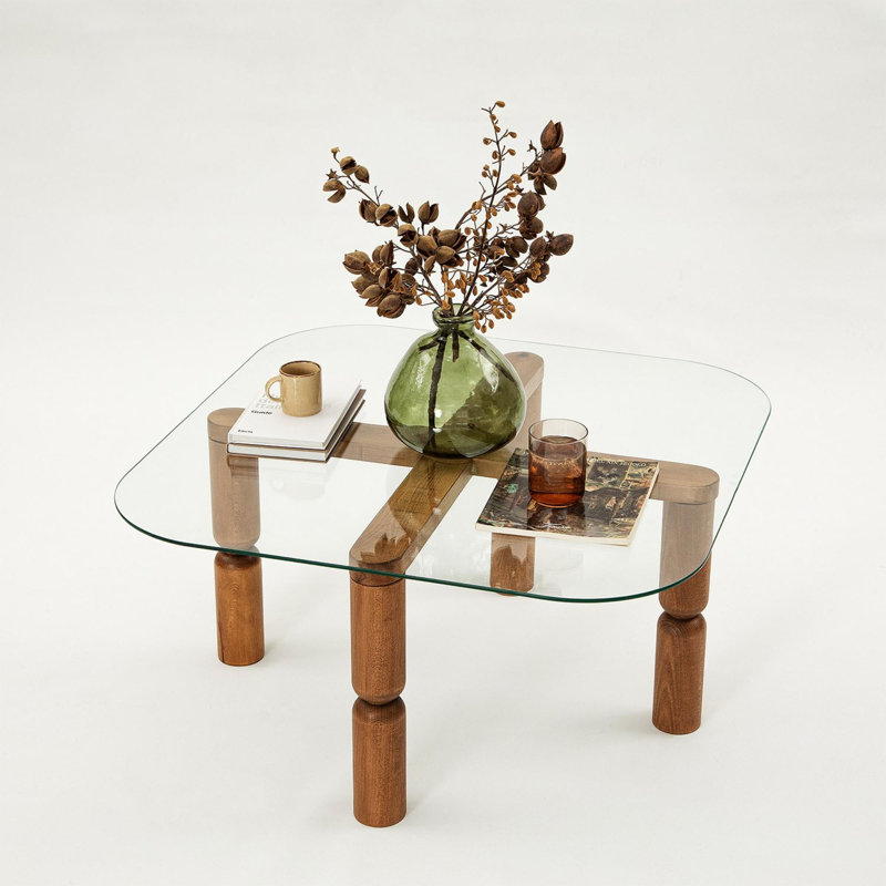 Modern Coffee Table with 100% Tempered Glass Top & 100% Beech Wood Frame, Walnut Finish, 31.5 x 15.7 x 31.5 Inches | Stylish and Durable Design for Living Room & Lounge Areas, Easy to Clean, Contemporary Elegance