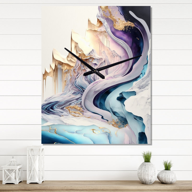 Horloge murale moderne abstraite bleue et dorée II, H 32 po x l 16 po x P 1 po