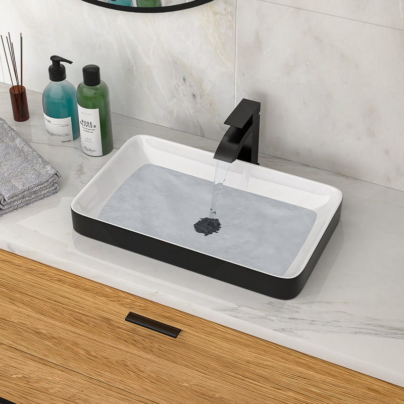 19"X12" White & Black Semi-Recessed Ceramic Bathroom Sink - Countertop Vessel Design