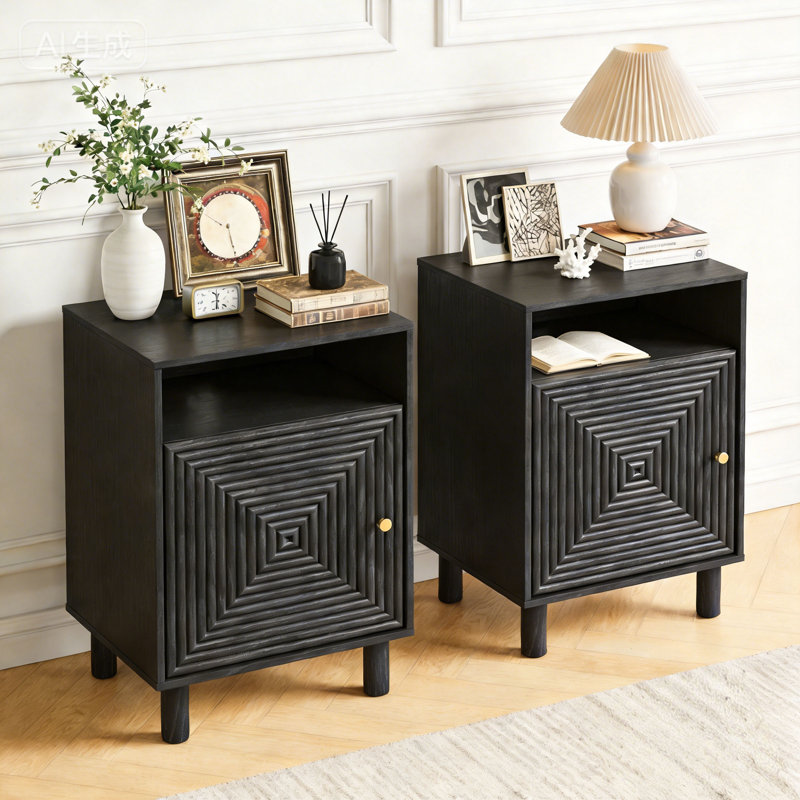 Chanson Nightstand Set of 2 With Charging Station and Solid Wood Legs, Black